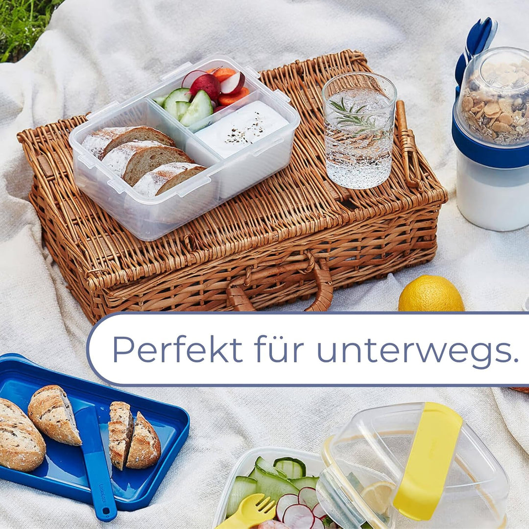 LocknLock TO GO Lunchbox mit Fächern 1,2L, Bento Box Erwachsene mit Sandwicheinsatz, Toppingtray, Me