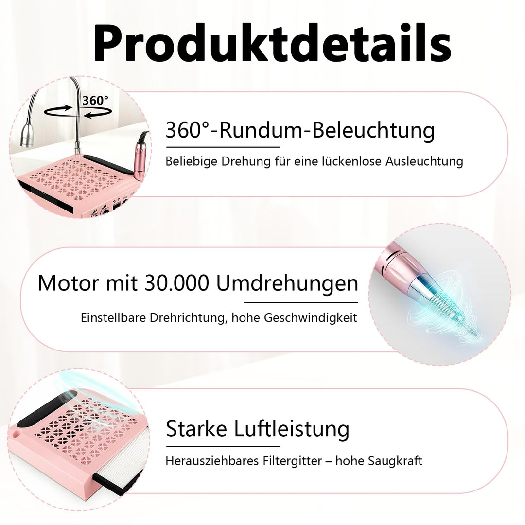 4-in-1-Nagelstaubabsaugung mit elektrischer Nagelfeile (30.000 U/min), 80W Nagelstaubabsaugung mit L
