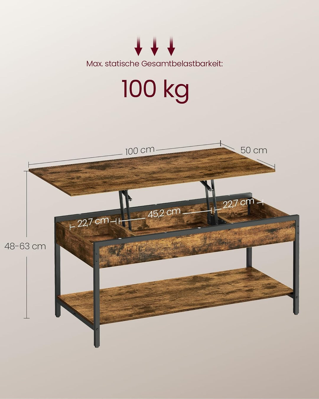 VASAGLE Couchtisch, höhenverstellbarer Wohnzimmertisch, Kaffeetisch, mit offenem Fach und versteckte
