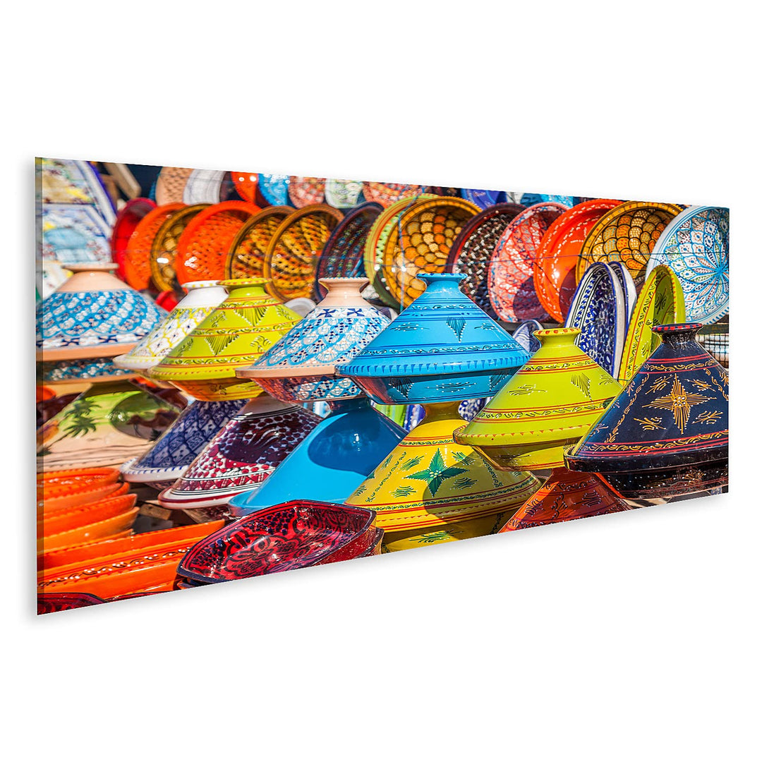 bilderfelix® Tajines auf dem Markt, Marrakesch, Marokko Wandbild Leinwandbild Poster DKI 120x40 Pano