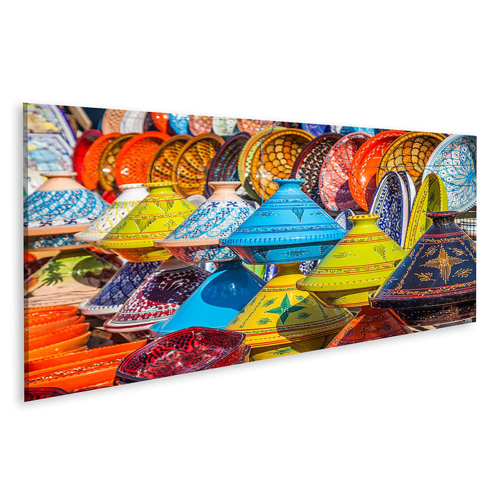bilderfelix® Tajines auf dem Markt, Marrakesch, Marokko Wandbild Leinwandbild Poster DKI 120x40 Pano