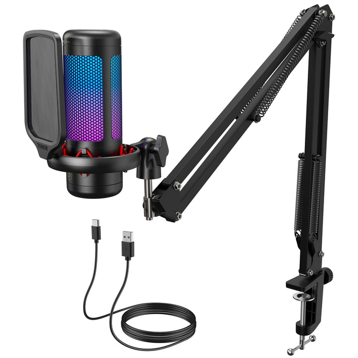 TONOR RGB Gaming Mikrofon PC Set Heilligkeit Verstellbar, USB Microphone mit Mikrofonarm für Compute