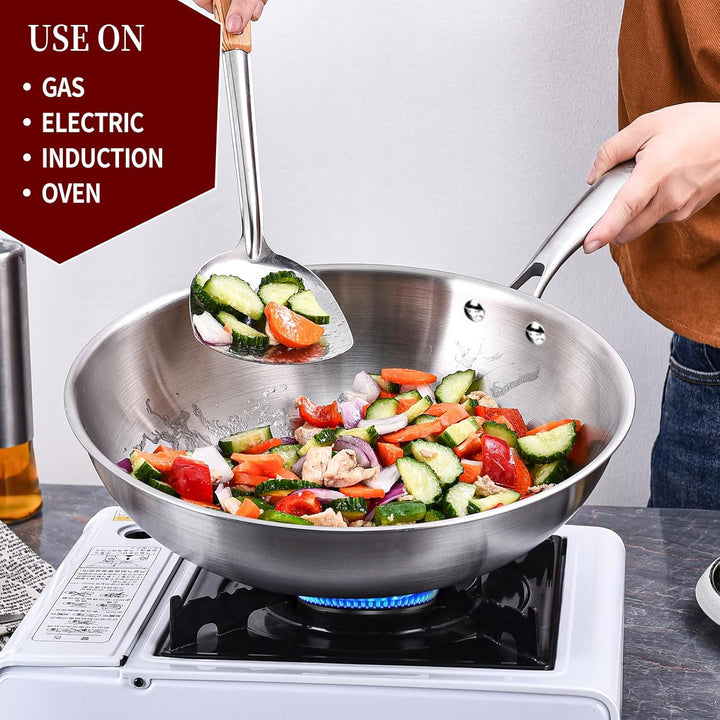 LOLYKITCH Wokpfanne Edelstahl 26 cm mit Deckel, Unbeschichtete Wok Pfanne für Induktion &amp; Gasherd, E