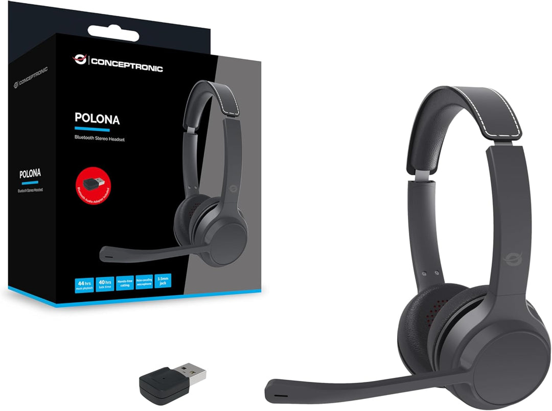 Conceptronic POLONA04BA Bluetooth-Stereo-Headset mit USB-Audioadapter, Mikrofon mit Geräuschunterdrü