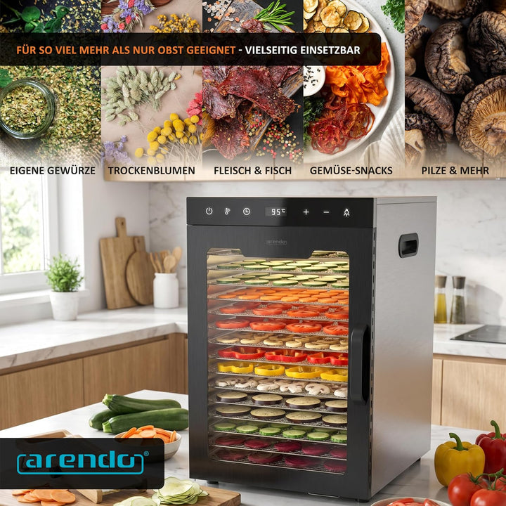 Arendo - Dörrautomat Edelstahl mit 16 Edelstahlgitter - 1000 Watt - 13400 cm² - 8 Programme - Dörrge