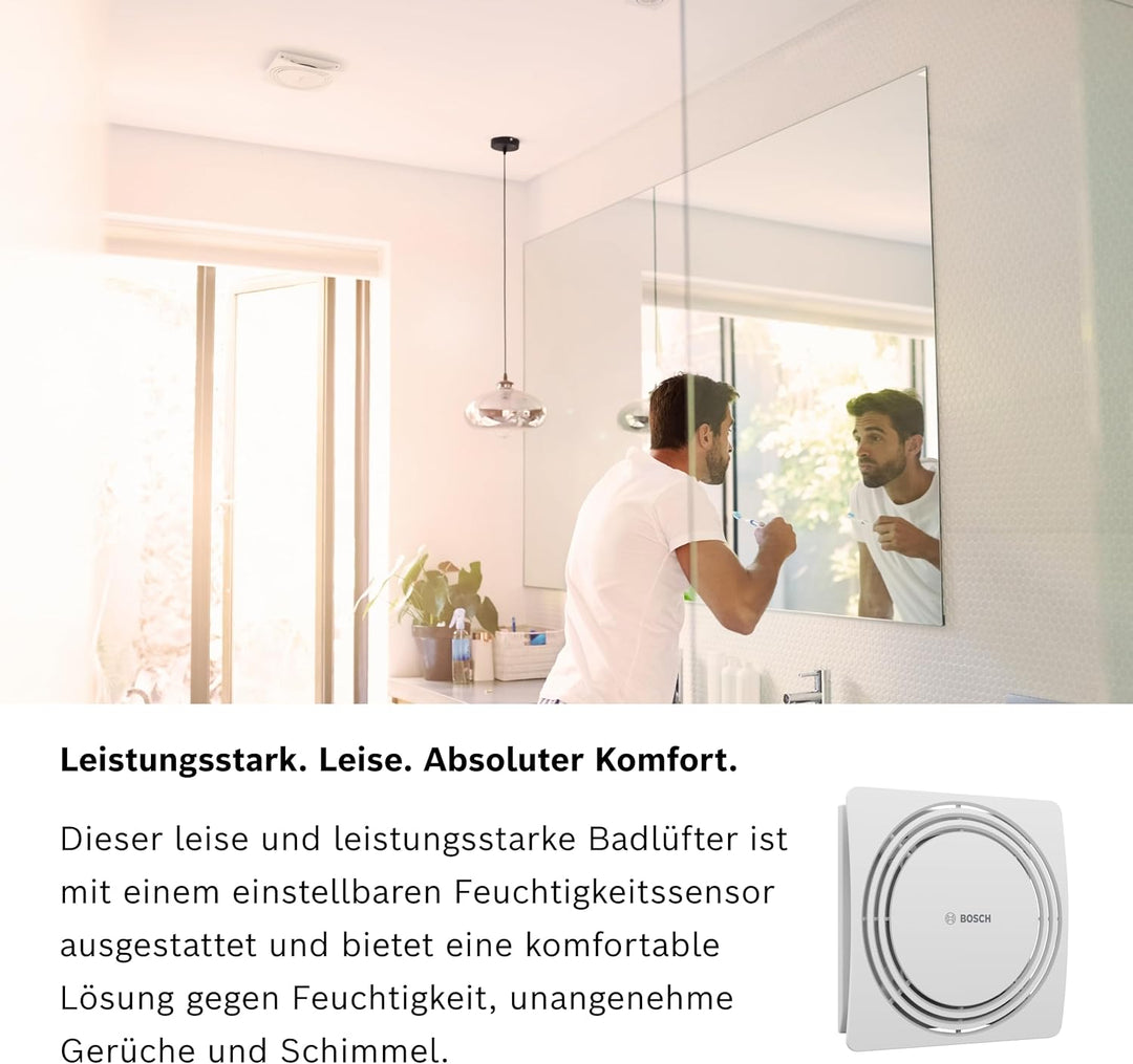 Bosch Leiser Badlüfter 1900 DH W100 - Für die Belüftung in Badezimmer und Toilette, gegen Feuchtigke