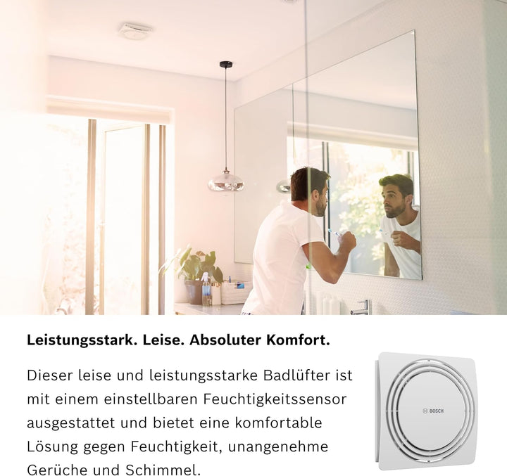 Bosch Leiser Badlüfter 1900 DH W100 - Für die Belüftung in Badezimmer und Toilette, gegen Feuchtigke