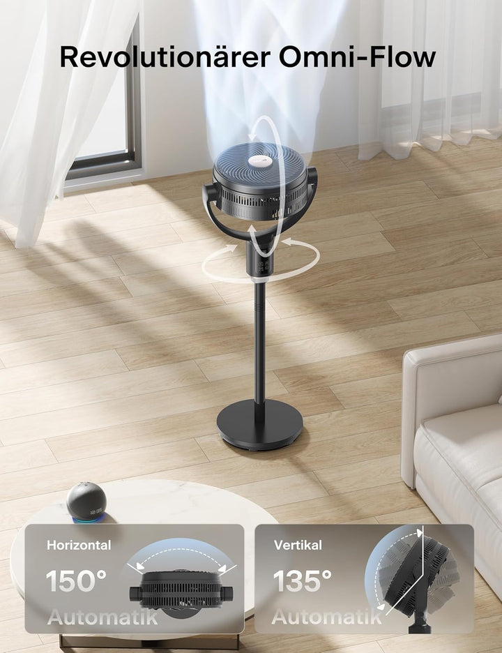 PELONIS 135° Oszillierender Smart Standing Fan, Leiser Bodenventilator mit DC Motor, Doppelflügel St