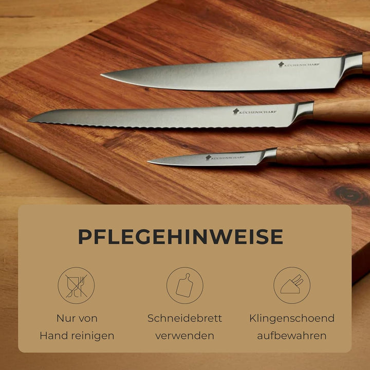 KÜCHENSCHARF Profi Universalmesser 9 cm mit Olivenholzgriff - Ergonomisches Kochmesser aus 100% Edel
