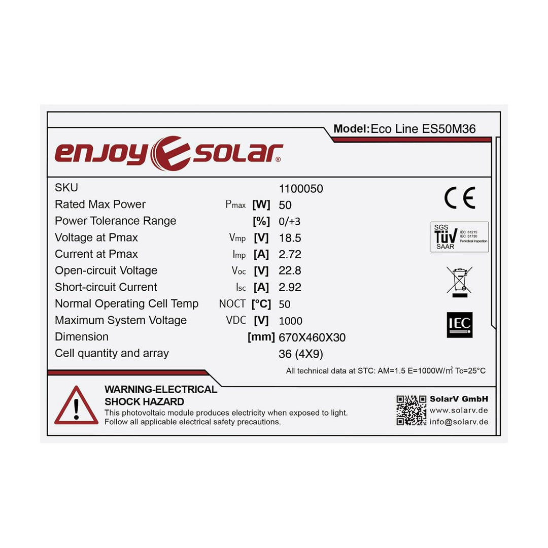 enjoy solar® Monokristallines Solar panel deal für Wohnmobil, Gartenhäuse, Boot (Mono 50W) 50W, 12V,