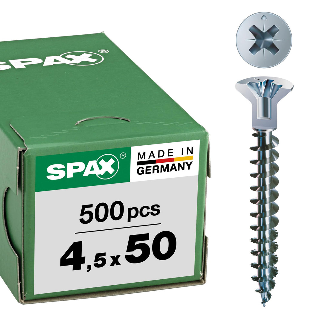 SPAX Universalschraube mit Kopflochbohrung, 4,5 x 50 mm, 500 Stück, Kreuzschlitz Z2, Kleiner Senkkop