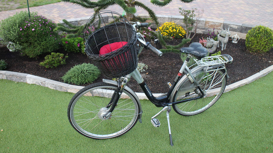 Marcus Hundefahrradkorb für Fahradlenker aus Weide mit Metallgitter und Kissen in Schwarz Lenkrad We