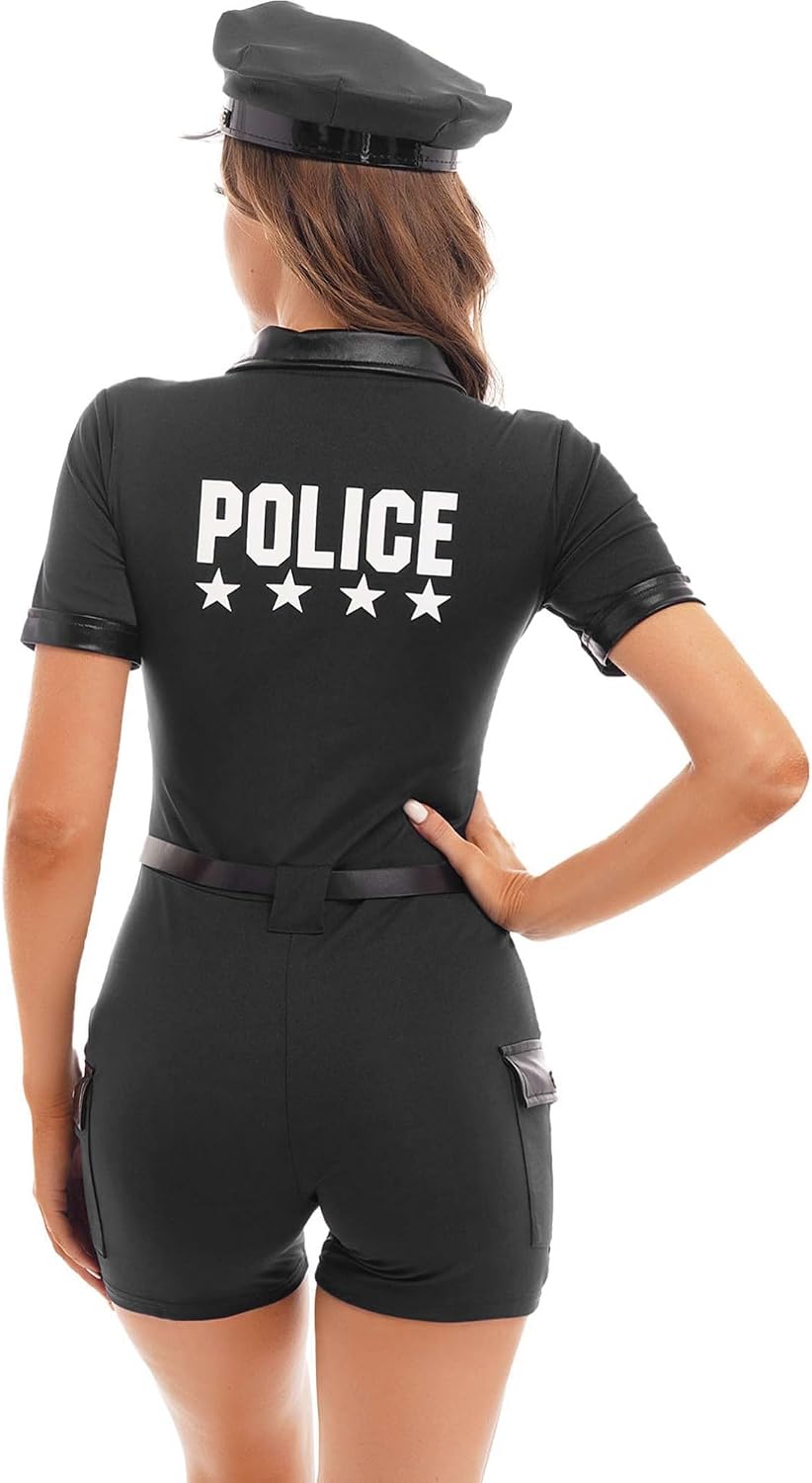 Aislor Sexy Polizei Kostüm Damen Polizistin Uniform mit Mütze Handschnelle Cop Costume Komplettes Ou