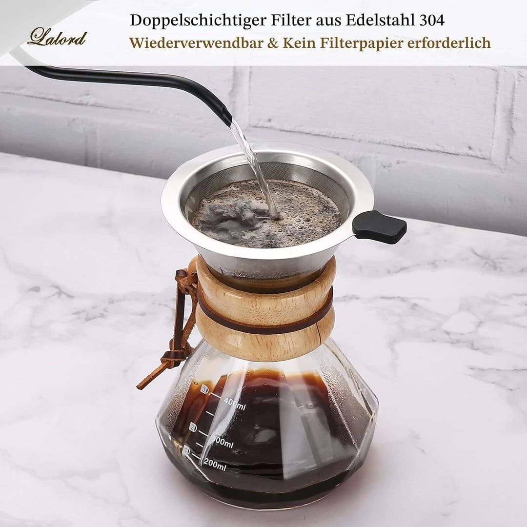 Lalord Pour Over Kaffeebereiter mit Edelstahlfilter, Borosilikatglas Kaffeekanne, Holzkragen, Kaffee