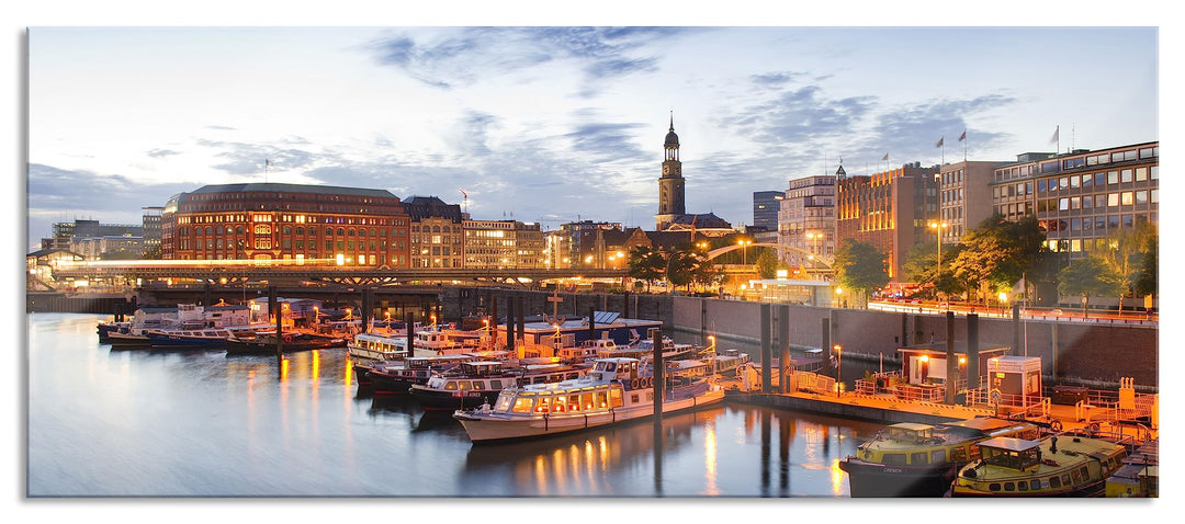Pixxprint Glasbild Panorama, Wandbild aus Echtglas, Hamburger Hafen am Abend, 100x40 cm, inkl. Aufhä