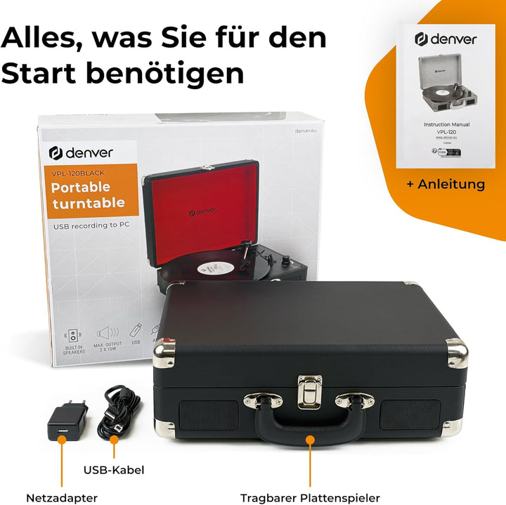 Denver VPL120 Plattenspieler mit Eingebauten Lautsprechern, Tragbaren Schallplattenspieler mit Aux E