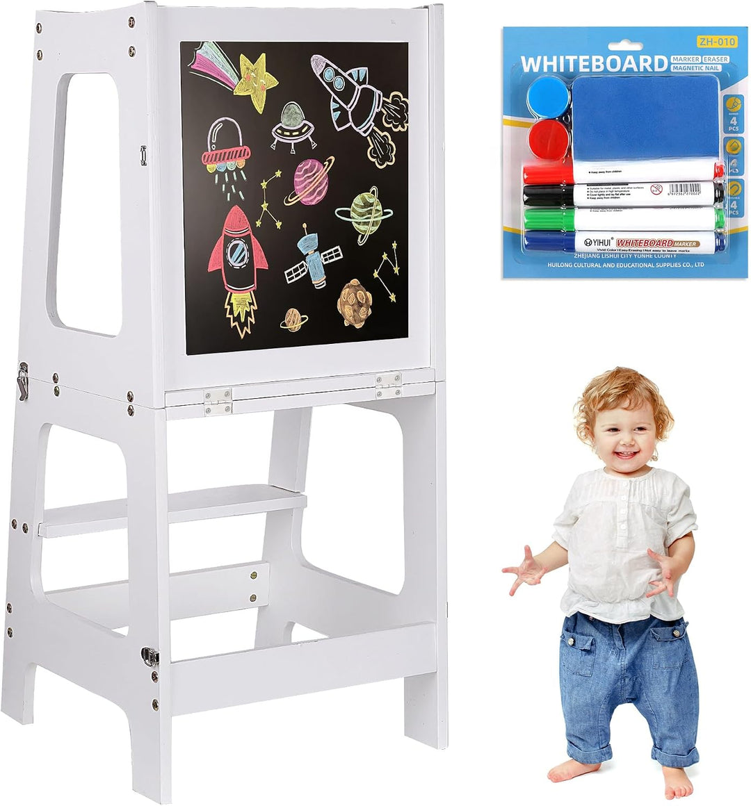 Lernturm ab 1 Jahr, Klappbarer Learning Tower mit Tafel &amp; Stifte-Set | 3 in 1 Learning Tower für Kin