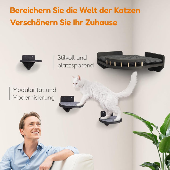 Kletterwand Katzen mit Katzenbett und 3X Katzentreppe Wand [Birkenholz] I Kratzbaum Wand I Hängematt