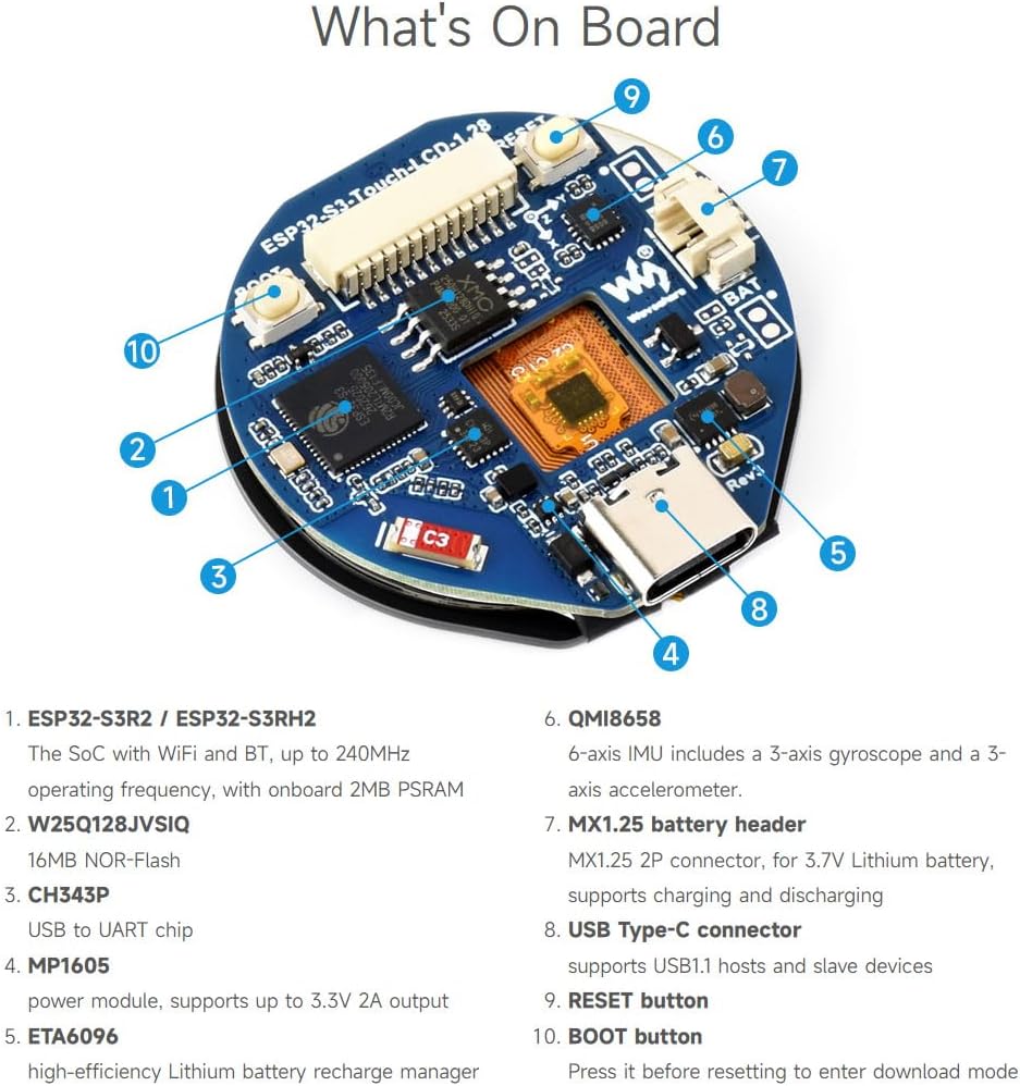 Waveshare ESP32-S3 Development Board, with 1.28inch Round Touch LCD, Compact Size, Accelerometer and
