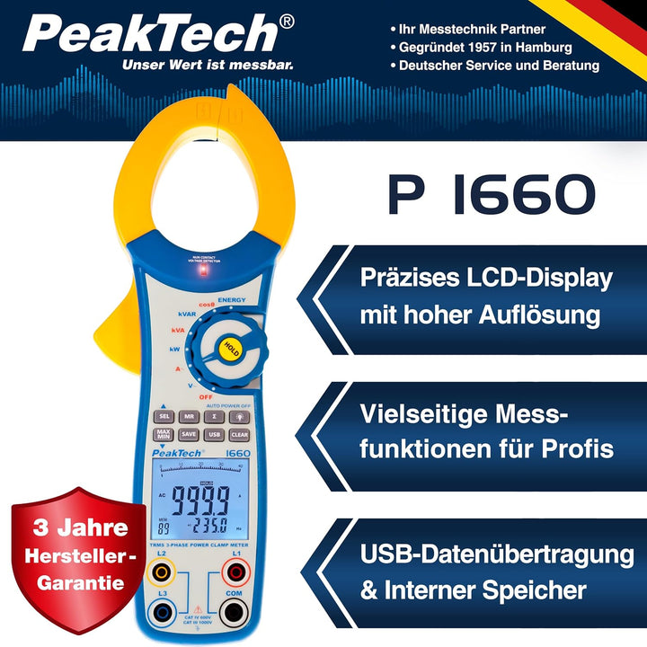 PeakTech P 1660 3-Phasen Stromzange / Digital-Leistungsstromzange 1000 A mit USB max. 750 kW / Energ