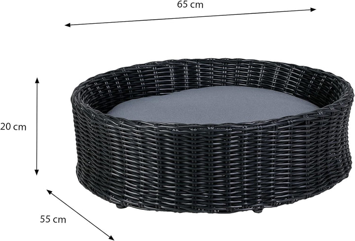 greemotion Hundebett aus schwarzem Polyrattan mit Kissen, ca. 65 x 20 x 55 cm