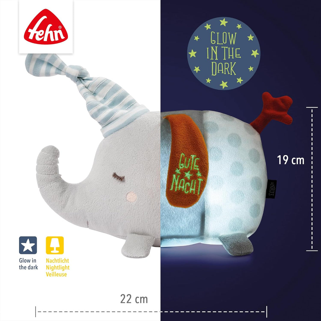 Fehn Nachtlicht Elefant – Schlummerlicht & Einschlafhilfe: Kuscheltier mit „Glow-in-The-Dark“-Bestic