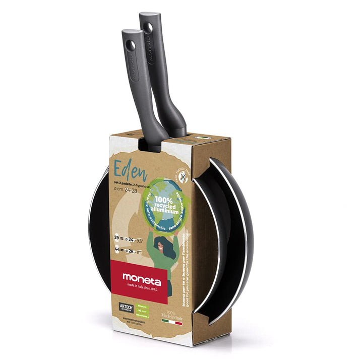 Moneta Eden Pfannen-Set, 24 – 28 cm, aus recyceltem Aluminium, hergestellt in Italien.