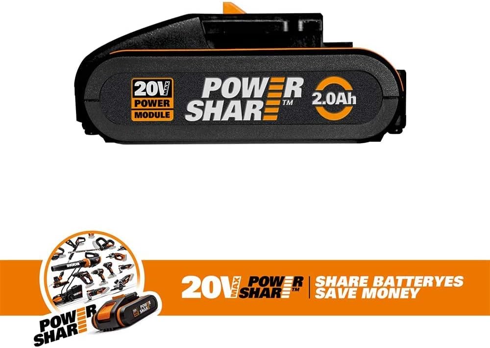 Worx 18V Akku(20V Max) 2.0Ah WA3551 mit Anzeige, PowerShare für Alle Worx Geräte –Ersatzakku Wiedera