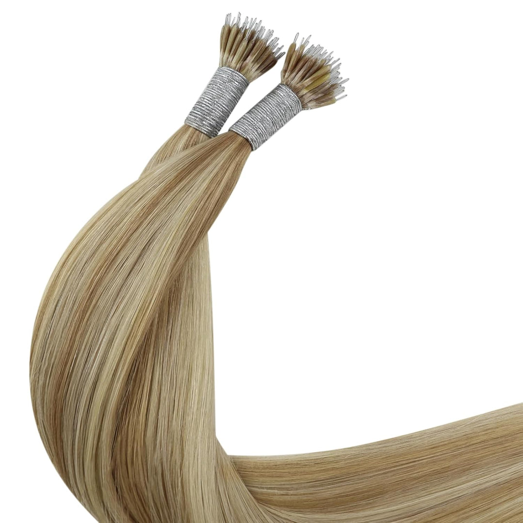 YoungSee Nanoring Extensions Echthaar 60cm Nanoring Extensions Blond mit Platinblond #18/613 Nano Ri