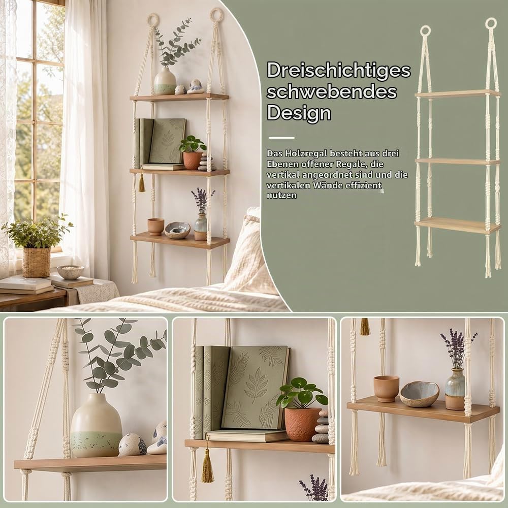 Hängeregal Holz Schweberegal Boho 3 Etagen Wandregal Makramee Regal Hängend Pflanzenregal ohne Bohre