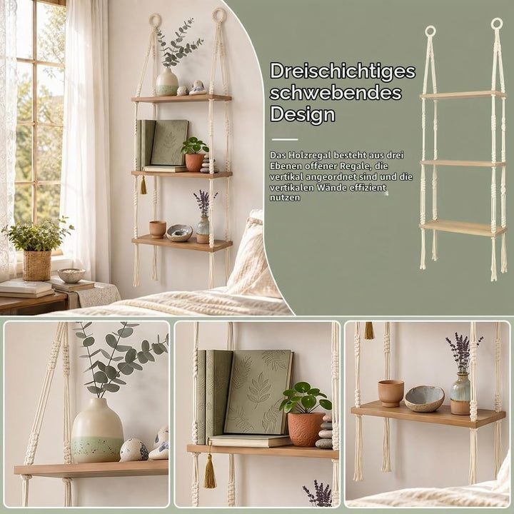 Hängeregal Holz Schweberegal Boho 3 Etagen Wandregal Makramee Regal Hängend Pflanzenregal ohne Bohre