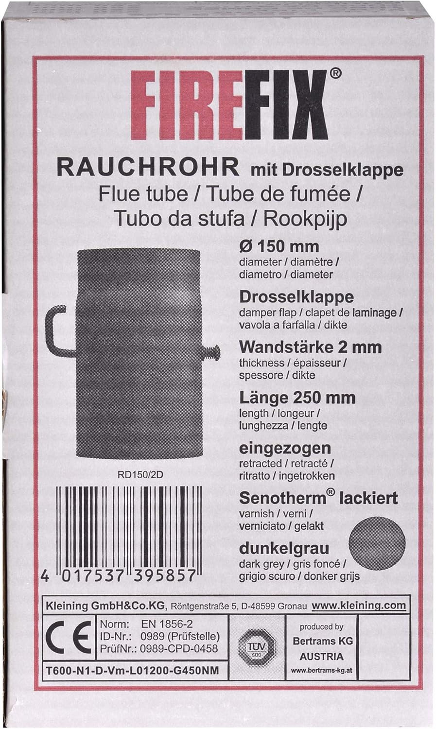 FIREFIX RD150/2D Ofenrohr aus 2 mm starken Stahl (Rauchrohr) in 150 mm Durchmesser, für Kaminöfen un