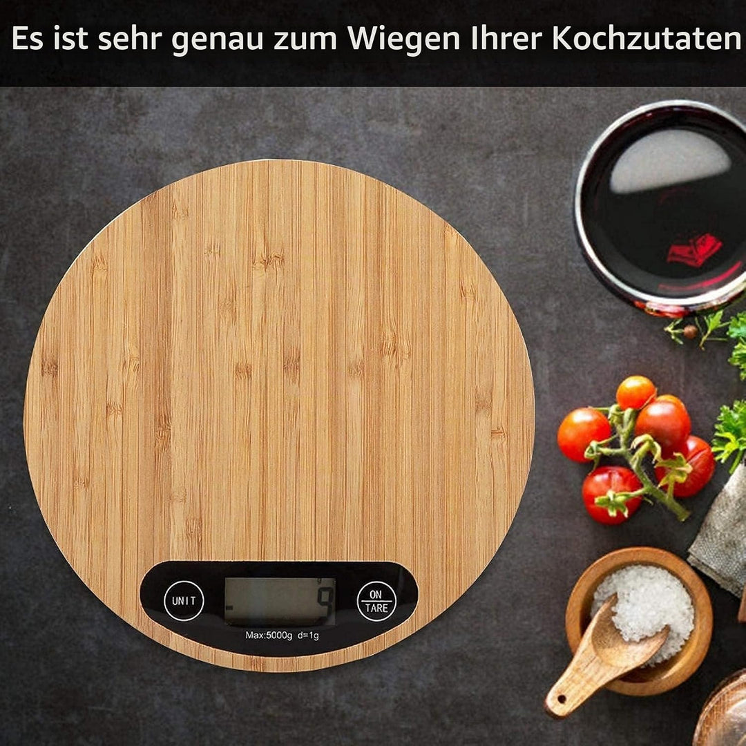 Küchenskala, 2 * AAA 5kg/1g Batterie Bambus Runde Elektrische Küchenwaage LED Anzeige, Digitale Küch