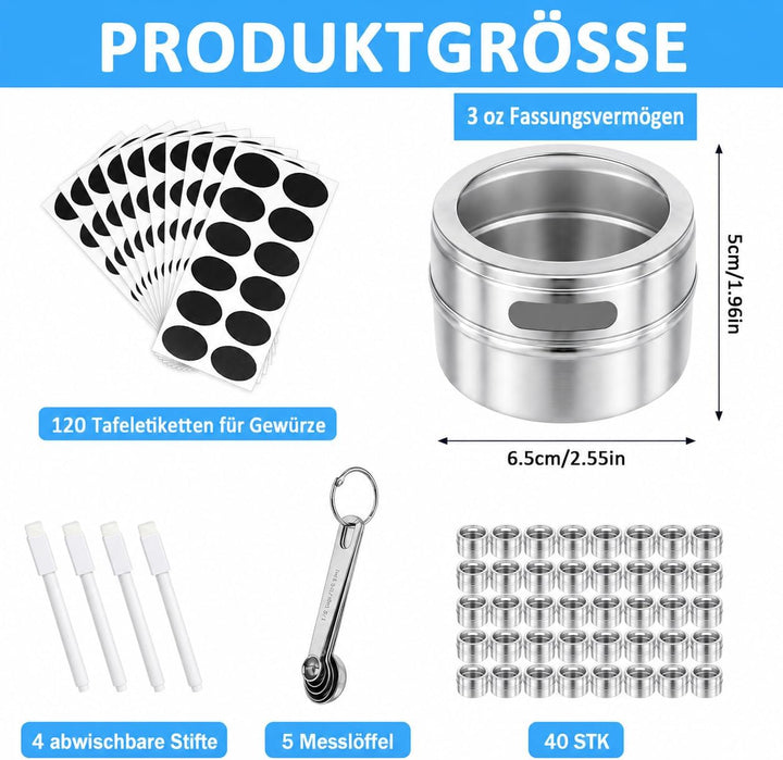 LYCN 40er Set Magnetische Gewürzdosen Edelstahl, 90ml Gewürzbehälter für Kühlschrank & Grill, Platzs