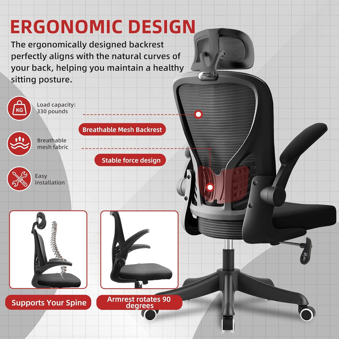 Ergonomischer Bürostuhl mit verstellbaren Kopfstützen und Armlehnen, Lendenwirbelstütze, atmungsakti