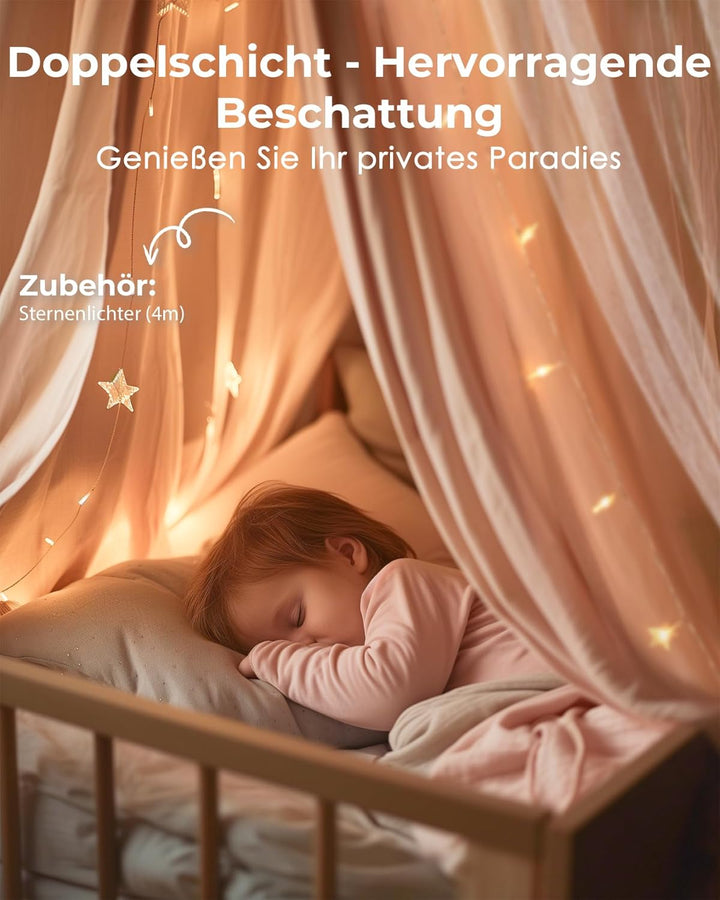 Mallify Moskitonetz Betthimmel mit Sternenlichtern, atmungsaktiv & waschbar Doppelte Lage Babybett B