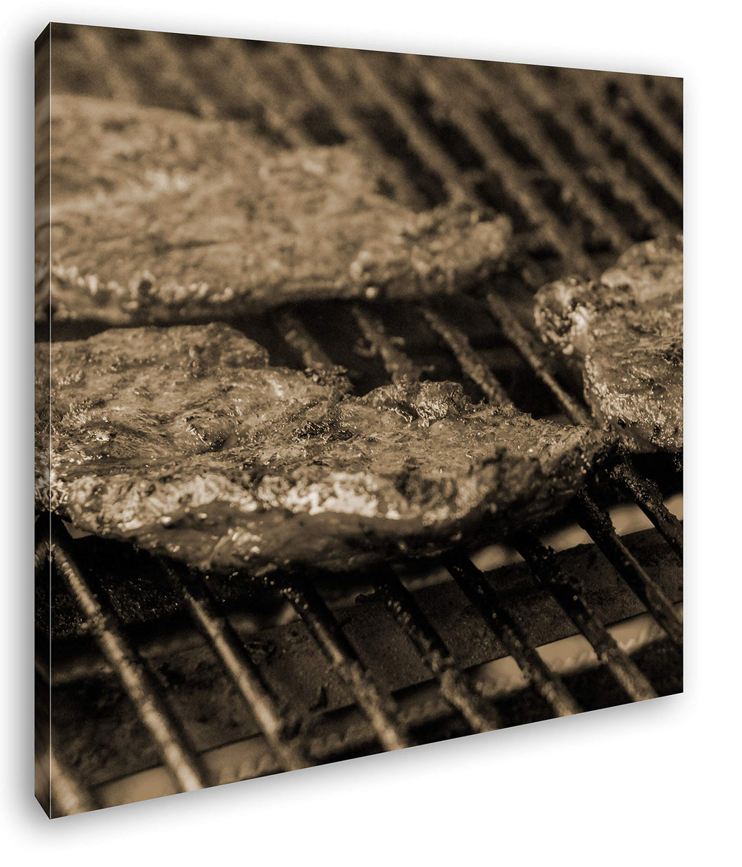 appetitliche Steaks auf dem Grill Format: 60x60 Effekt: Sepia als Leinwandbild, Motiv auf Echtholzra