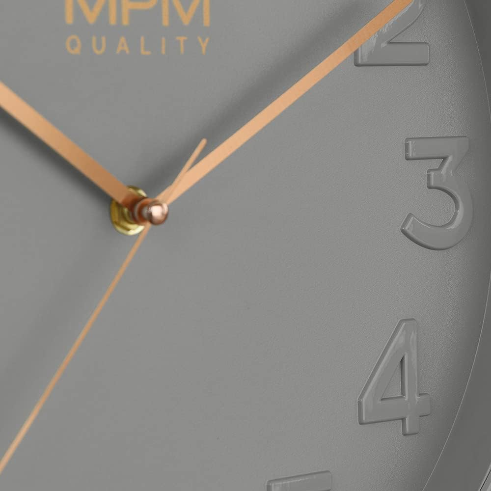 MPM Quality Design Wanduhr, Grau, Modern Kunststoff Uhr, Glas, Quarz-Uhrwerk Sweep, 305x305x42 mm, f