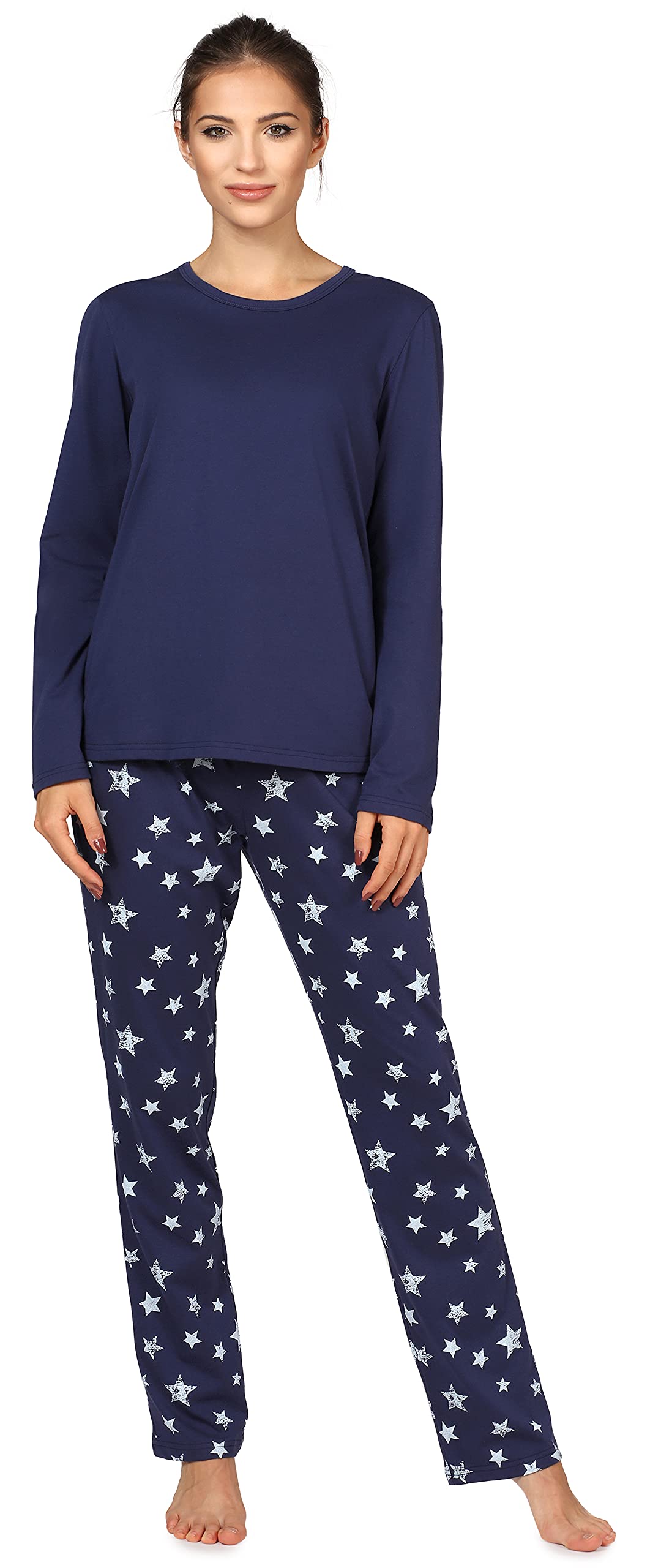 Bellivalini Damen Schlafanzug lang Pyjama Langarm Lange Hose Muster Sterne BLV50-167 S Marineblau Ma