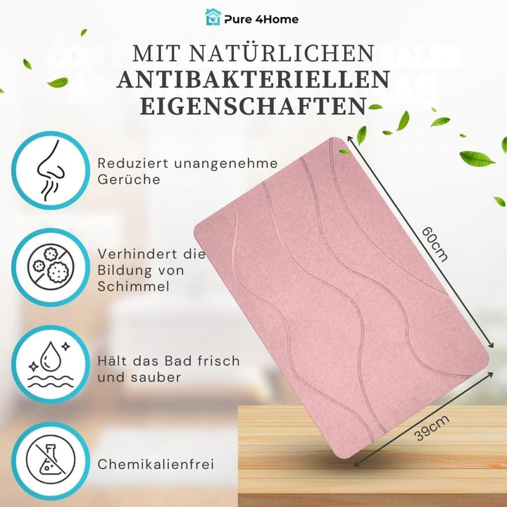 PURE 4HOME Badematte Kieselgur 60 x 40 cm – Saugstark & Schnelltrocknend, rutschfest – Diatomit Stei