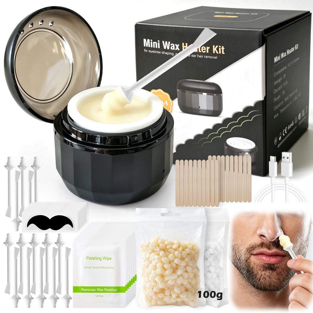 Haarentferner Set für Männer: Mini Wachsheizgerät USB 100g, 20 Applikator+10 Spatel+10 Schnurrbartsc