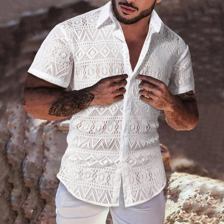 Herren Hemd Spitze Kurzarmhemd Transparent Kurzarm Freizeithemd Männer Spitzenhemd Sommer Lässig Lac