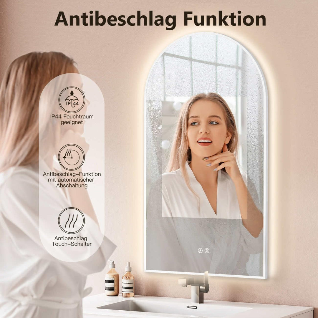 HOKO LED Bogenspiegel Beschlagfrei 50x90 cm / 90x50 cm Modesto mit Weisser Metallrahmen, HOCH+QUER M