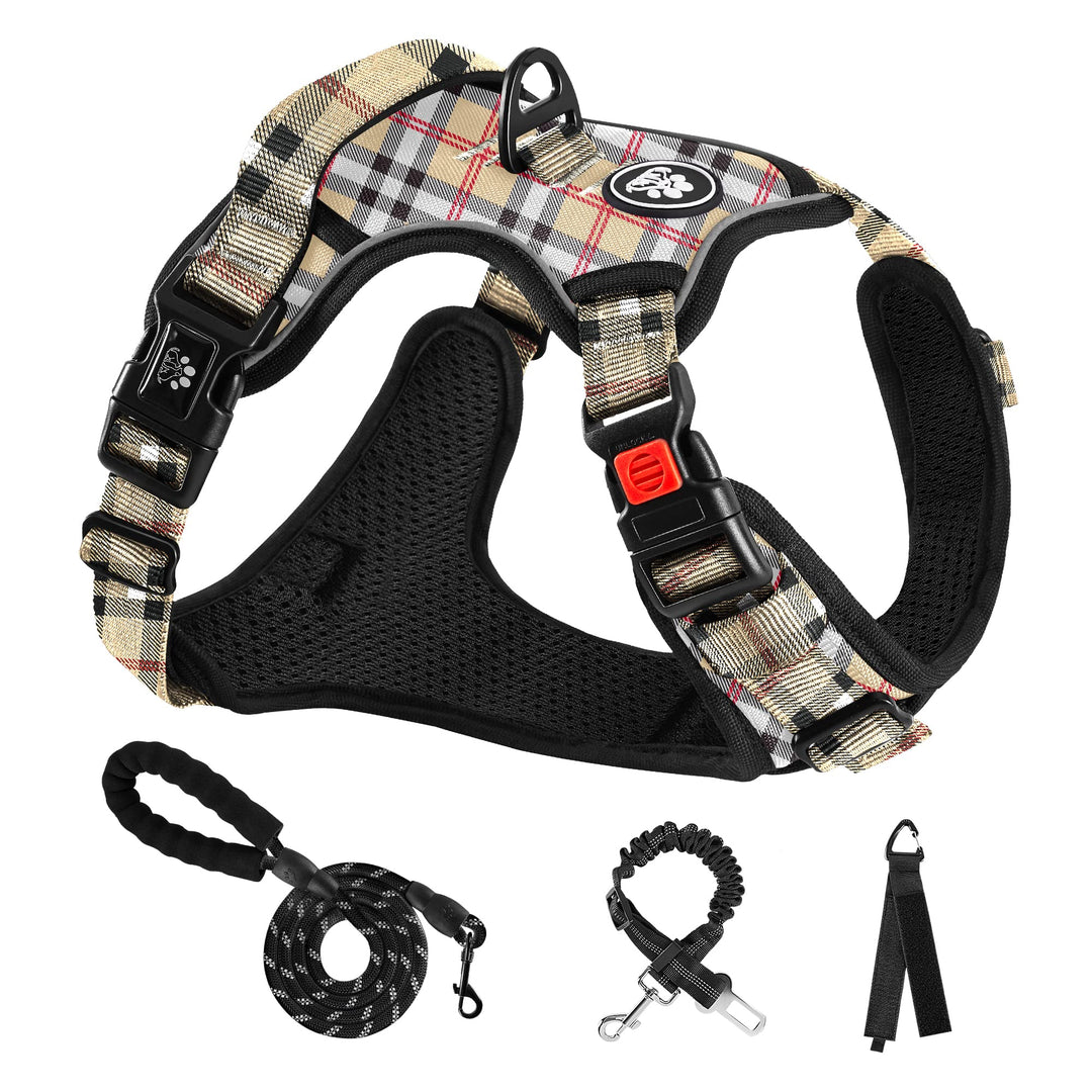 NESTROAD Hundegeschirr Mittelgrosse Hunde Kariertes Beige, Grösse M Anti Zieh Geschirr für Hunde Mit