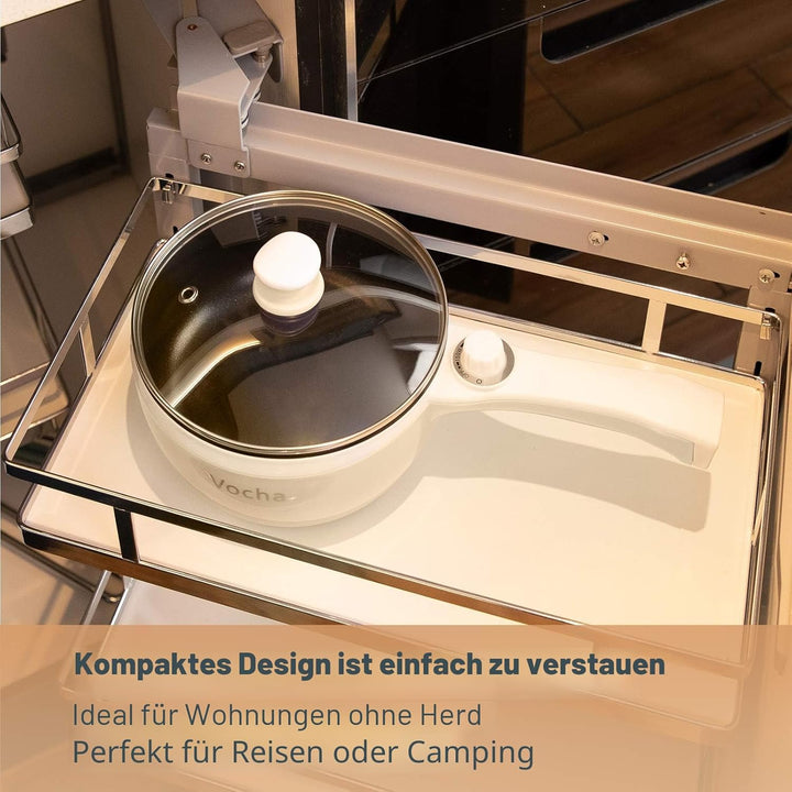 Vocha Elektrische Pfannen, Hot Pot, Antihaft-Bratpfanne Elektropfanne mit Glasdeckel, 1,5 l Mini-tra