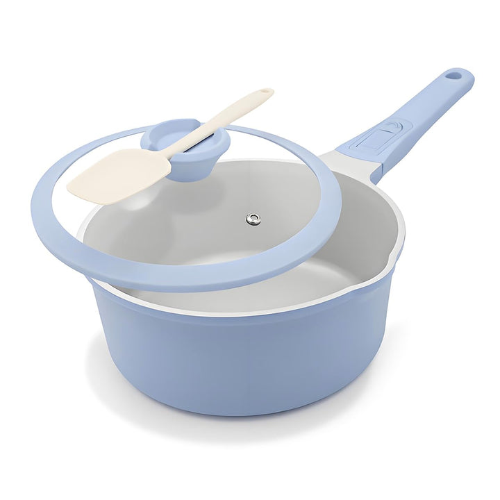 Keramik Stielkasserolle 18 cm mit Deckel, 2L Antihaft- Blau-grau | Keramikbeschichtung Kasserolle mi
