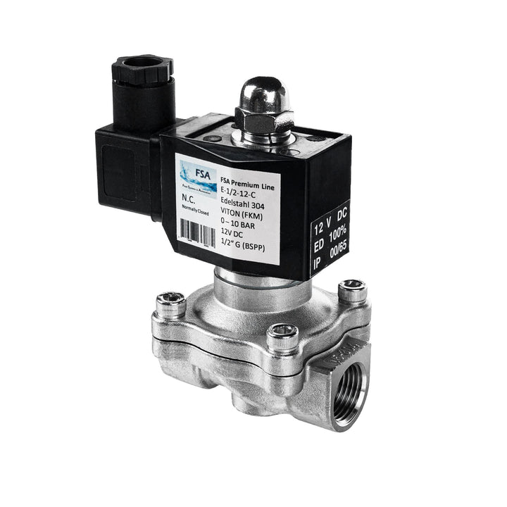 FSA Magnetventil Edelstahl 304 1/2" 12V DC 0-10 bar Viton stromlos geschlossen, 1/2" 12v DC