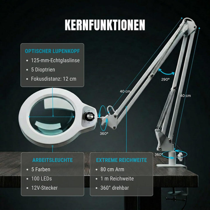 LED Lupenleuchte Weiss mit Klemme, 12,5 cm Glaslinse 5 Dioptrien | Grosse Lupe, Extra langer Schwing