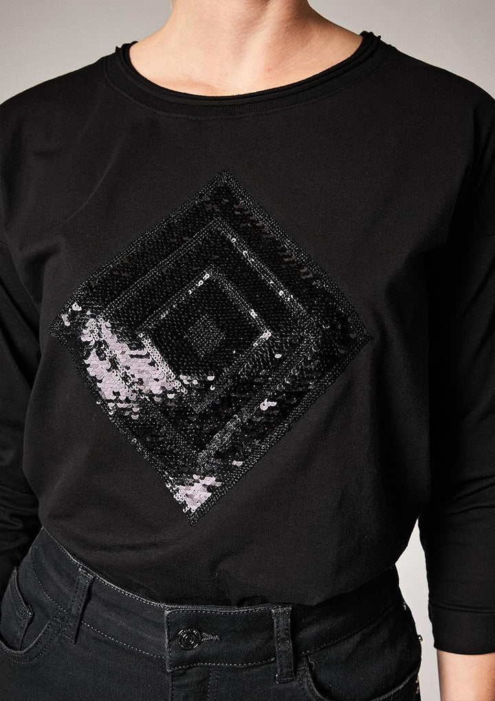 comma Casual Identity Damen Langarmshirt mit Pailletten Black Sequins 44