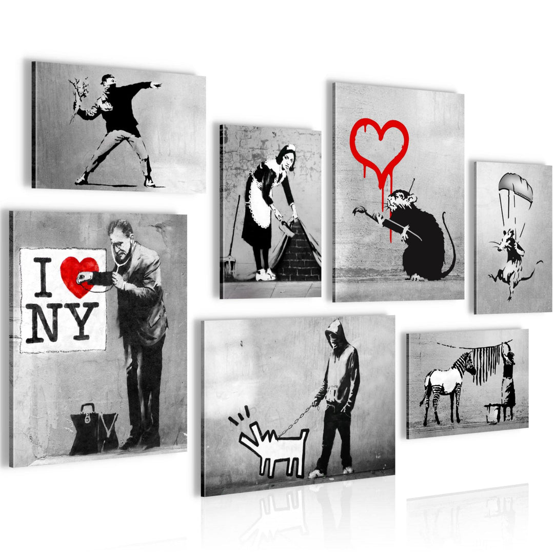 Novart Wandbilder Banksy Collage - KOMPLETT AUFHÄNGFERTIG - Street Art Wohnzimmer Büro- 7 Moderne Mo